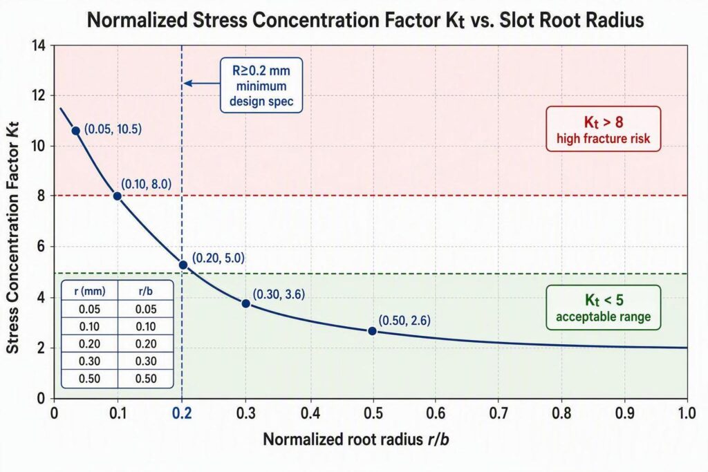 A chart showing normalized Kt decreasing with increasing slot root radius r/b for slotted plates — engineering infographic with smooth downward curve, red high-risk zone, green acceptable zone, and R0.2 mm reference line