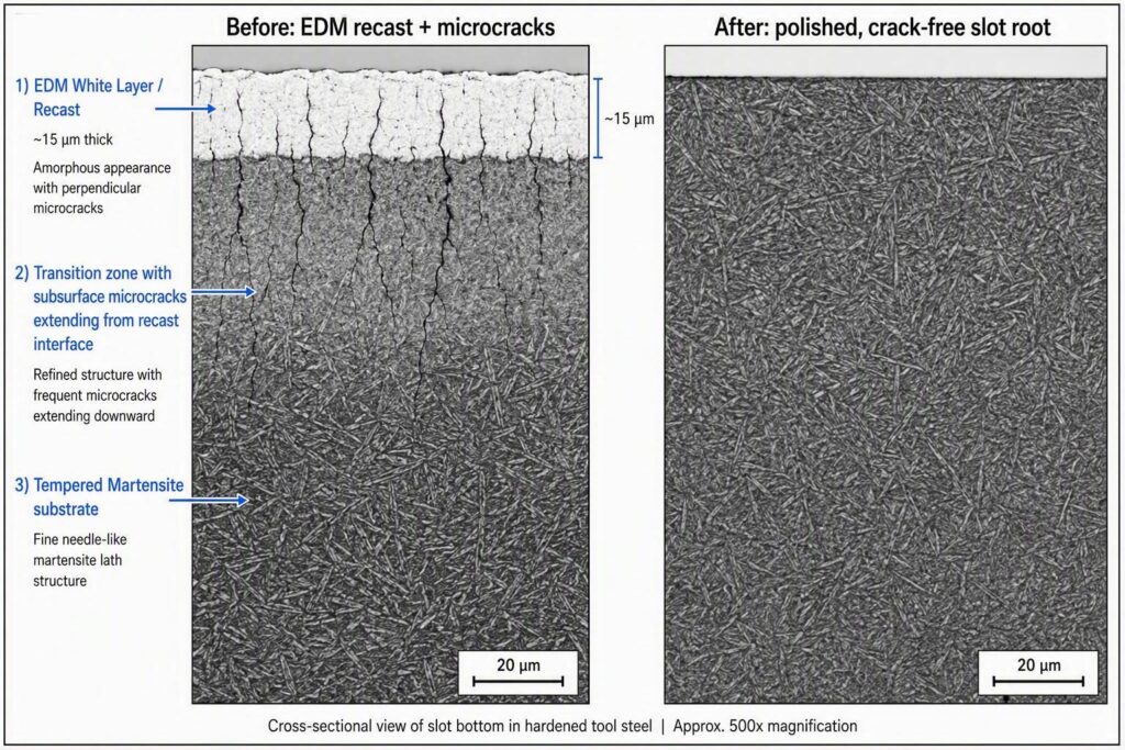 A simplified micrograph illustrating EDM white layer, microcracks, and removal by polishing at the slot bottom — before/after panels showing brittle recast layer with perpendicular microcracks versus clean polished tempered martensite