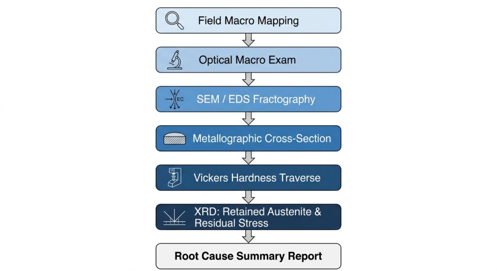 Stepwise lab diagnostic workflow: Field Macro Mapping → Optical Macro Exam → SEM/EDS Fractography → Metallographic Cross-Section → Vickers Hardness Traverse → XRD Retained Austenite & Residual Stress → Root Cause Summary Report