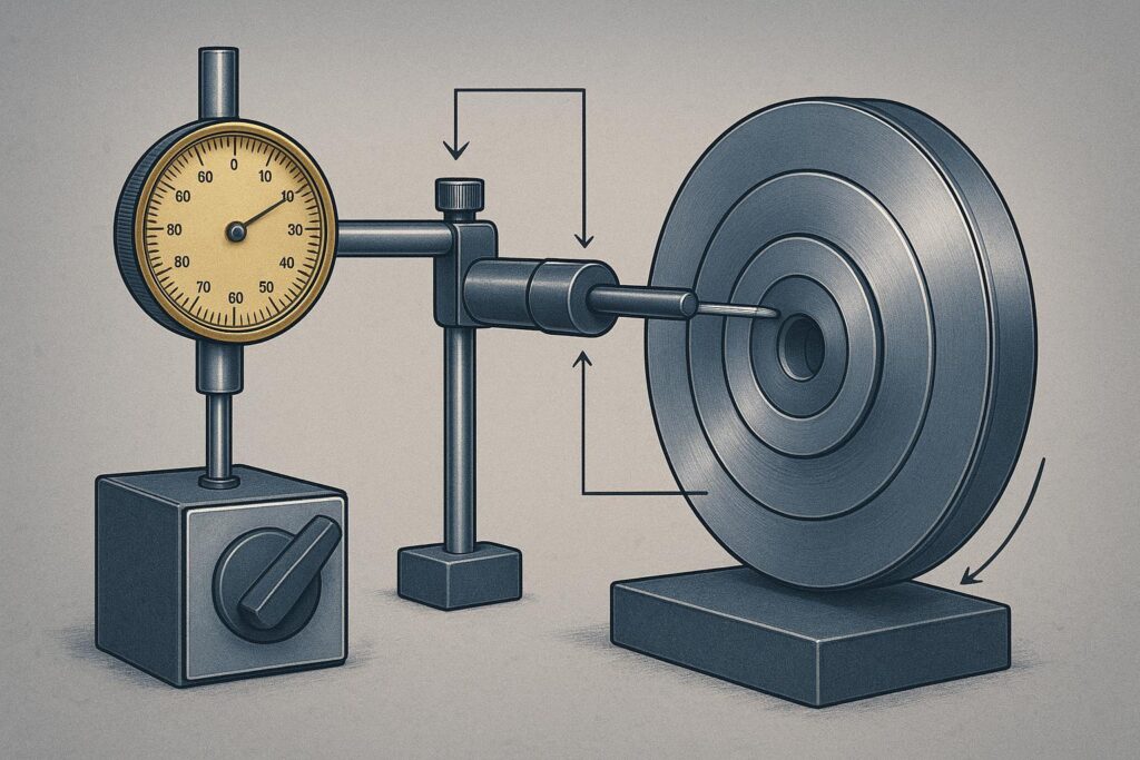 A dial indicator setup sequence reading face TIR on a slitter knife with callouts